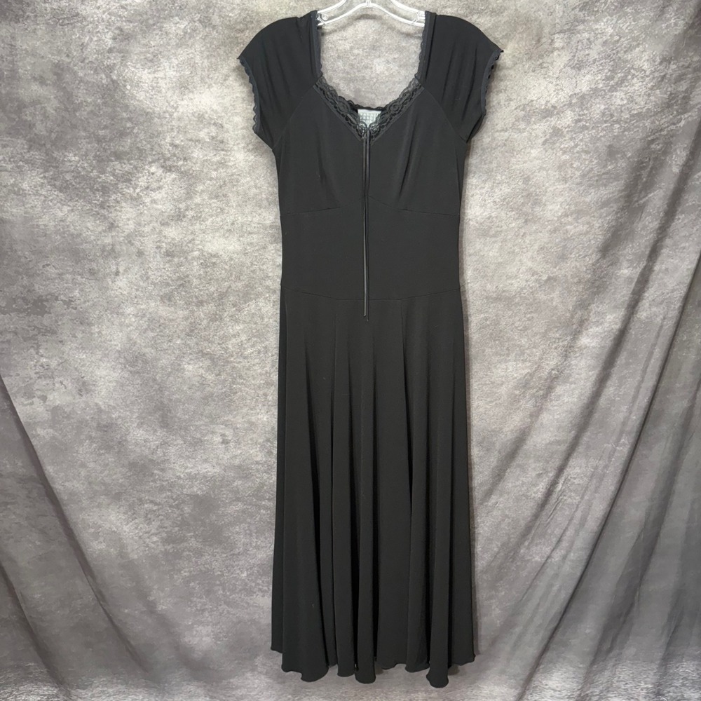 Y2K Rabbit Designs Black Lace Trim Midi Dress Size 8 Empire Waist Dark Coquette